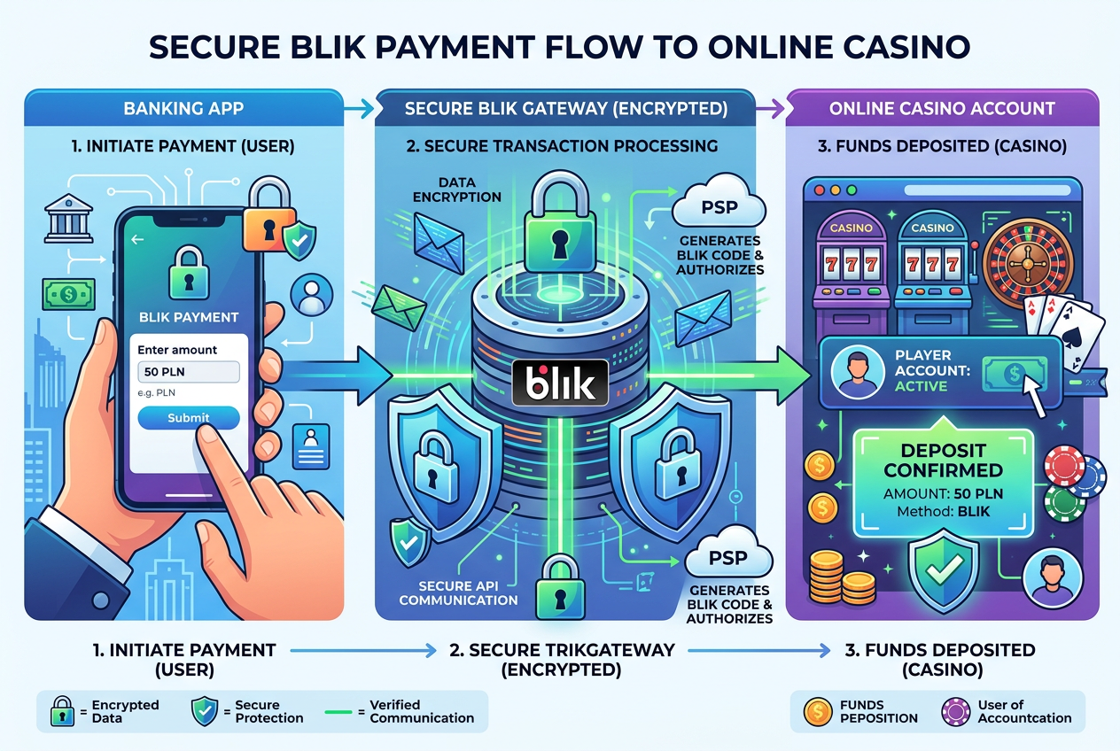 Diagram procesu płatności BLIK od banku do portfela w kasynie