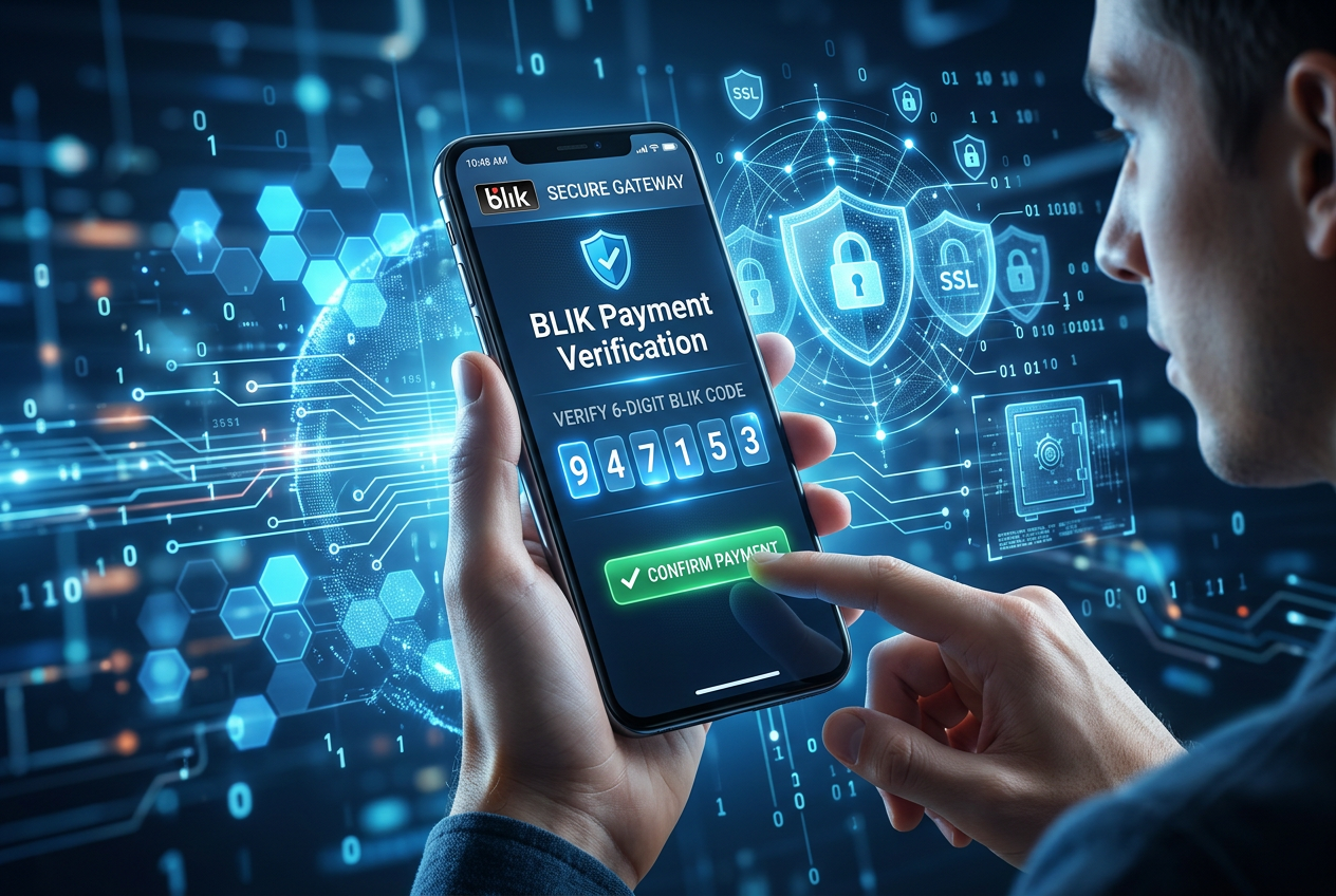 Smartphone displaying a BLIK 6-digit verification code with security lock icons in a professional fintech setting