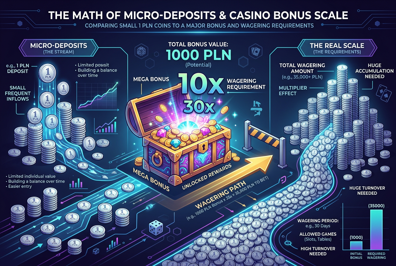 Professional infographic illustrating the gap between 1 PLN micro-deposit and large casino bonus activation requirements