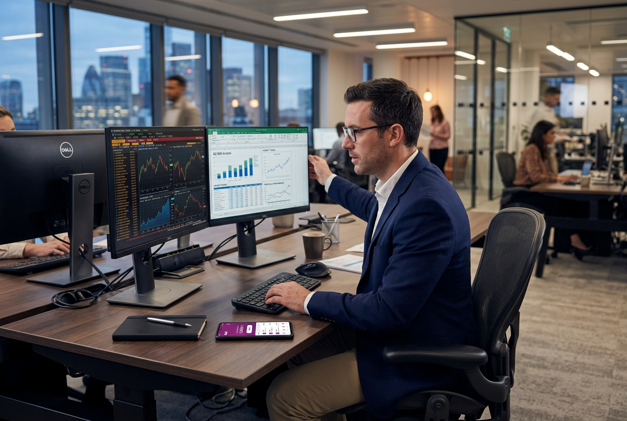 Profesjonalne stanowisko analityka finansowego z logiem Skrill na ekranie smartfona.