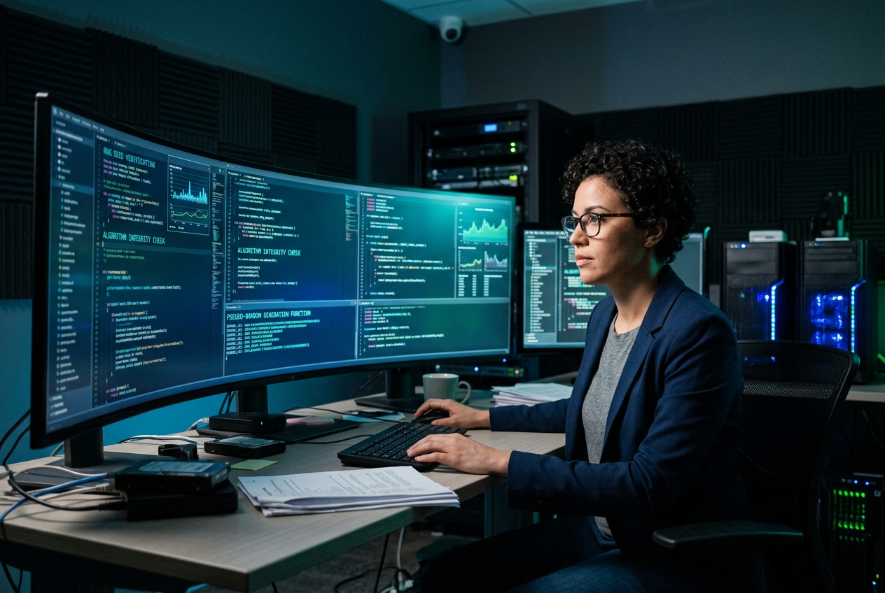 Professional data analyst verifying casino security algorithms on screens with blue digital light